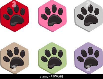 animal footprint hexagonal. set vector hexagon shape icon with the animals. Cat paw icons isolated. Stock Vector