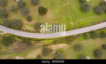 Aerial View Over the landscape in Spain over holm oaks Stock Photo