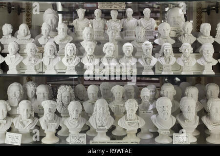 Hand made alabaster busts of famous persons on sale in a souvenir shop in Venice, Italy. Busts of Leonardo da Vinci, Michelangelo Buonarroti, Marco Polo, Albert Einstein, Isaac Newton, Dante Alighieri, Niccolò Machiavelli, Giacomo Casanova, Friedrich Nietzsche, Ludwig van Beethoven, Antonio Vivaldi, Giuseppe Verdi, Frédéric Chopin, Johann Sebastian Bach, Wolfgang Amadeus Mozart, Richard Wagner, Giacomo Puccini, Franz Liszt, Joseph Haydn, Johannes Brahms, Franz Schubert, Greek philosophers Socrates and Plato are seen among others. Stock Photo