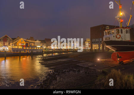 The small habour of the country town of Husum at Christmas time, North Frisia, Schleswig-Holstein, North Germany, Europe Stock Photo