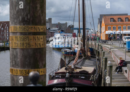 The small habour of the country town of Husum at low tide, North Frisia, Schleswig-Holstein, North Germany, Europe Stock Photo