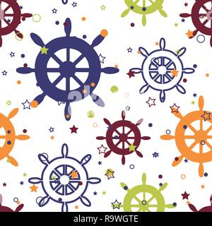 Vector multicolor wheels repeat seamless pattern with stars and circles on white background. Stock Vector