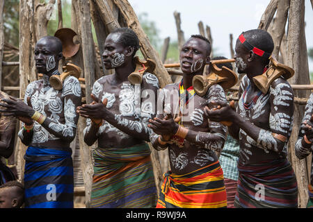 Kara Tribe ceremony at Dus Village of Omo Valley, Ethiopia Stock Photo