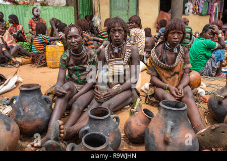 Hamar Tribe market of Omo Valley, Ethiopia Stock Photo