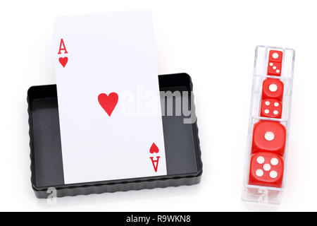 Playing cards and dice for game on white background Stock Photo