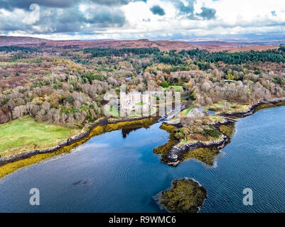 Aerial autumn view of Dunvegan Castle, Isle of Skye - Aerial Stock Photo