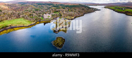 Aerial autumn view of Dunvegan Castle, Isle of Skye - Aerial Stock Photo