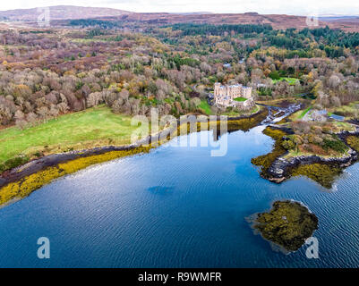 Aerial autumn view of Dunvegan Castle, Isle of Skye - Aerial Stock Photo