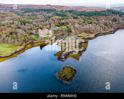 Aerial autumn view of Dunvegan Castle, Isle of Skye - Aerial Stock Photo