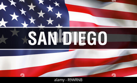 San Diego city on a USA flag background, 3D rendering. United states of America flag waving in the wind. Proud American Flag Waving, US San Diego city Stock Photo