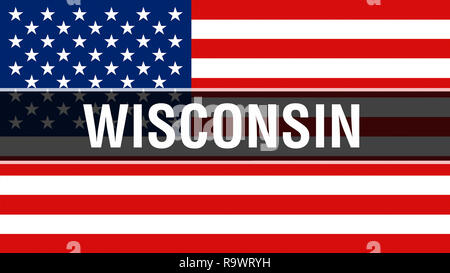 Wisconsin state on a USA flag background, 3D rendering. United States of America flag waving in the wind. Proud American Flag Waving, US Wisconsin sta Stock Photo