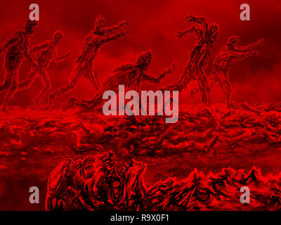 Attack zombie army on battlefield. Illustration in genre of horror. Scary red background. Stock Photo