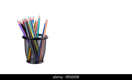 Colored pencils in a pencil case on white background Stock Photo