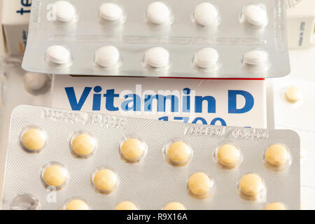 Vitamin D tablets packs, the preparation is intended to supplement the vitamin D deficiency, by low solar radiation, for example in winter, Stock Photo