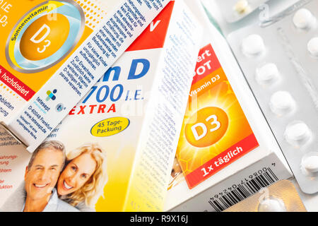 Vitamin D tablets packs, the preparation is intended to supplement the vitamin D deficiency, by low solar radiation, for example in winter, Stock Photo