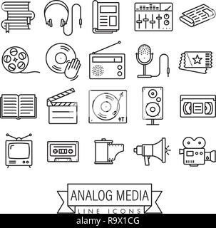 Collection of analog media and equipment vector line icons. Obsolescent technology symbols. Stock Vector