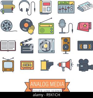 Collection of analog media and equipment vector filled line icons. Obsolescent technology symbols. Stock Vector