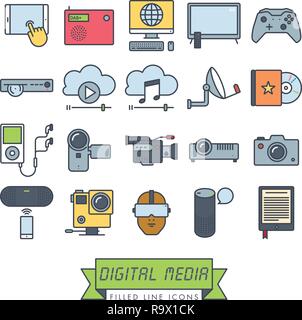 Collection of digital media and equipment vector filled line icons. Modern technology symbols. Stock Vector