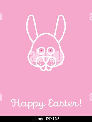 Pink Happy Easter Greeting Card with line art bunny icon Stock Vector