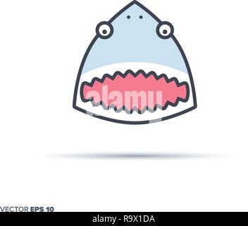 Cute shark face outline vector icon with color fill. Funny animal illustration. Stock Vector