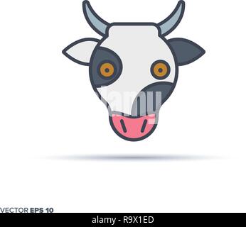 Cute cow face outline vector icon with color fill. Funny animal illustration. Stock Vector