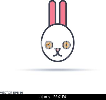 Cute rabbit face outline vector icon with color fill. Funny animal illustration. Stock Vector