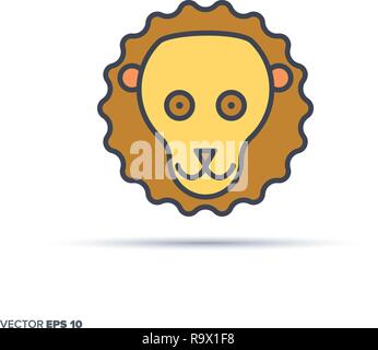 Cute lion face outline vector icon with color fill. Funny animal illustration. Stock Vector