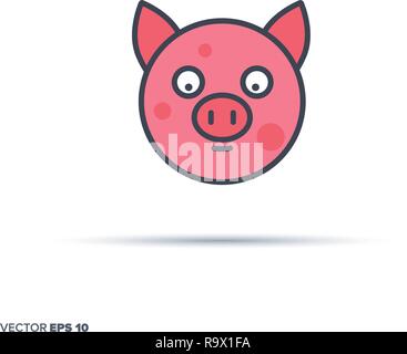 Cute pig face outline vector icon with color fill. Funny animal illustration. Stock Vector