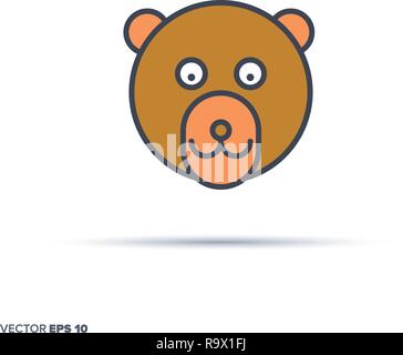 Cute bear face outline vector icon with color fill. Funny animal illustration. Stock Vector