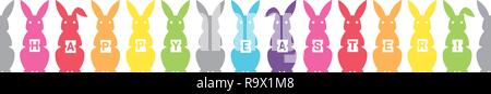 Easter Holiday greetings seamless banner with rainbow colored bunnies holding letters vector illustration Stock Vector