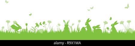 Easter banner. Vector illustration with easter bunnies, flowers, butterflies and eggs on a meadow. Isolated on white. Stock Vector