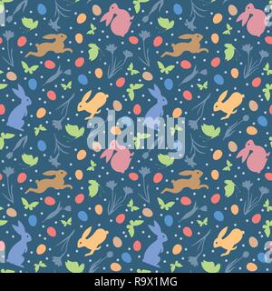 Easter Holidays seamless vector pattern with bunnies, flowers, butterflies and eggs on blue background Stock Vector