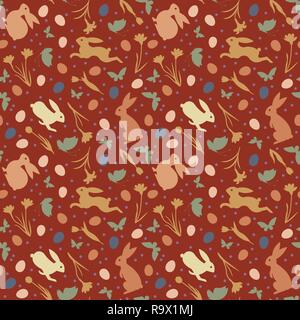 Easter Holidays seamless vector pattern with bunnies, flowers, butterflies and eggs on red background Stock Vector
