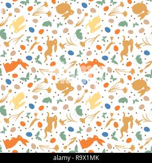 Easter Holidays seamless vector pattern with bunnies, flowers, butterflies and eggs on white background Stock Vector