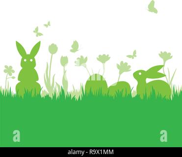 Easter background with bunnies and eggs slhouettes on meadow vector illsutration Stock Vector