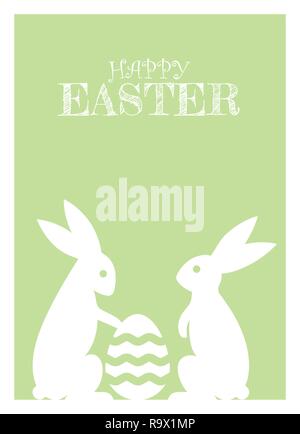 Happy Easter greeting cards with Easter Bunnies and Easter Egg vector illustration. Light green background. Stock Vector