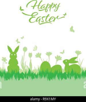 Happy Easter greeting card with easter bunnies and eggs on meadow vector ilsutration Stock Vector
