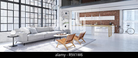 3d rendering. loft apartment with living room and kitchen. Stock Photo