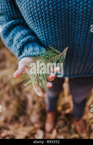 Woman holding pine tree branch Stock Photo