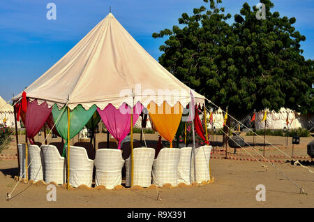 Swiss tents on sand in the Sam sand sunes near Jaisalmer, Rajasthan, India.This popular tourist activity is a vacation staple with camping under stars Stock Photo