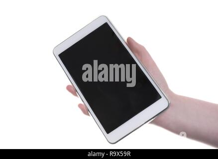 Woman hand holding a digital tablet with blank screen. Isolated with copy space. Stock Photo