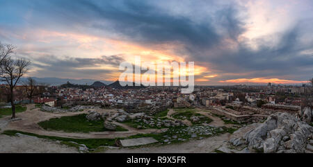 Plovdiv city, Bulgaria, Europe, panoramic sunset view from Nebet tepe hill with ancient fortress ruins. Stock Photo