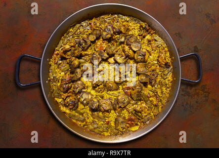 Paella of chicken and rabbit from Valencia original recipe in Spain Stock Photo