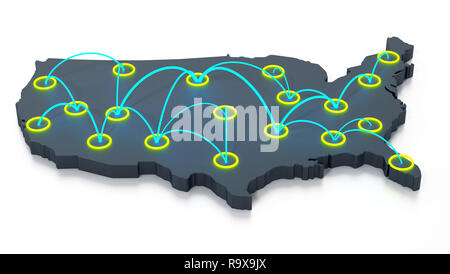 Network of travel points on usa map. 3D illustration. Stock Photo