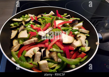 Grilled vegetables in a cast iron grill pan, top view Stock Photo