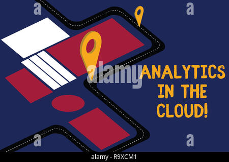 Writing note showing Analytics In The Cloud. Business photo showcasing New modern online file storage systems analysis Road Map Navigation Marker 3D L Stock Photo