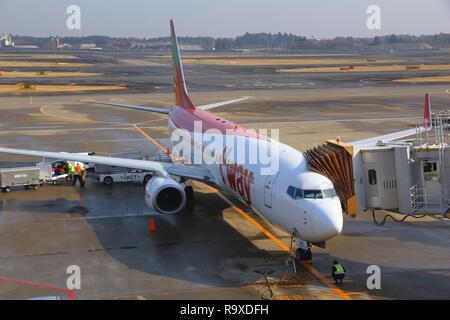 TOKYO, JAPAN - DECEMBER 5, 2016: T'way Boeing 737-800 is parked at Narita Airport of Tokyo. The airport is the 2nd busiest airport of Japan (after Han Stock Photo