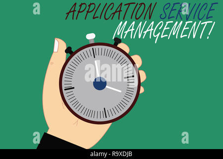 Word writing text Application Service Management. Business concept for process of maintaining the operation Hu analysis Hand Holding Mechanical Stop W Stock Photo