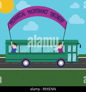 Word writing text Mechanical Maintenance Engineer. Business concept for Responsible for machines efficiency Two Kids Inside School Bus Holding Out Ban Stock Photo