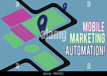 Handwriting text writing Mobile Marketing Automation. Concept meaning automate mobile marketing tasks and processes Road Map Navigation Marker 3D Loca Stock Photo